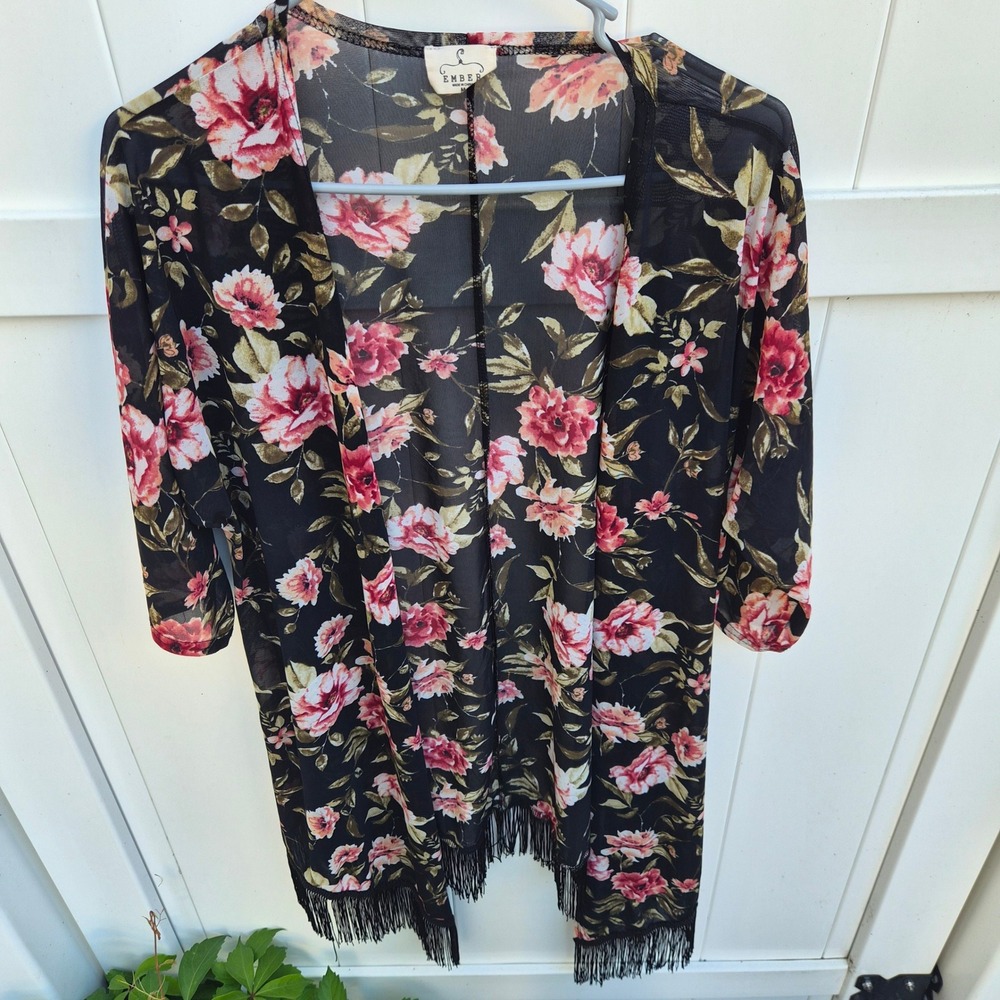 Ember Floral Mesh Kimono Cardigan Black Pink‎ Fringe Trim Womens Med Whimsigoth